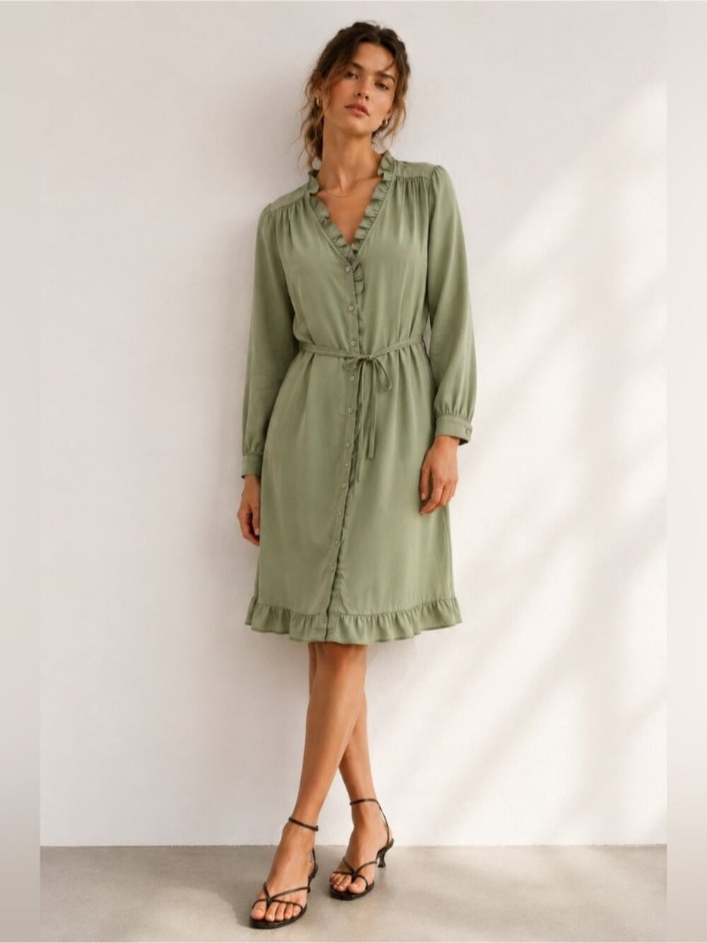 MSCH Copenhagen Sage Green Ruffle-Trim Shirt Dress – Size M